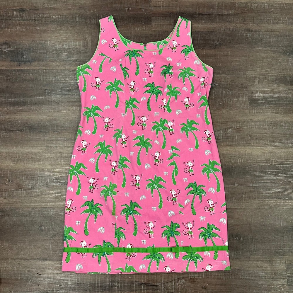 Vanity Collection Tropical Monkey Palm Tree Shift Dress Pink Green XL Womens